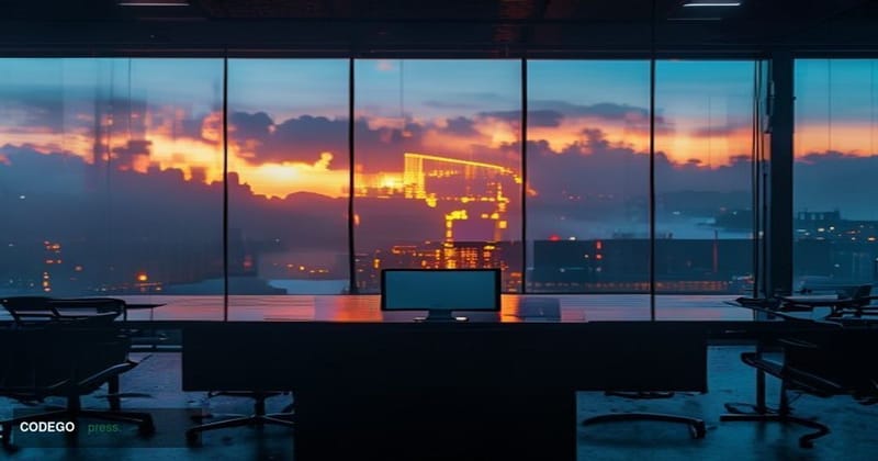A cinematic editorial photograph of a weathered but once-imposing trading floor environment, shot from a low wide angle looki
