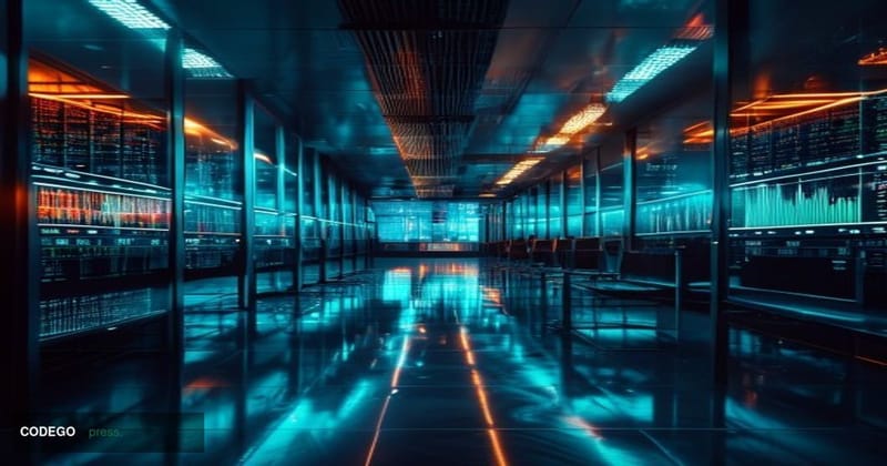 A dramatic photorealistic editorial photograph of a decommissioned digital trading floor environment, with dark server racks 