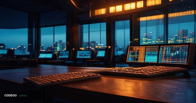 A cinematic editorial photograph of a decommissioned trading terminal in a darkened, high-tech exchange operations room, with