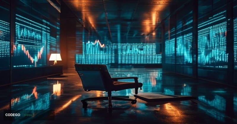 A cinematic editorial photograph of a desolate, dimly lit cryptocurrency trading floor with multiple dark screens displaying 