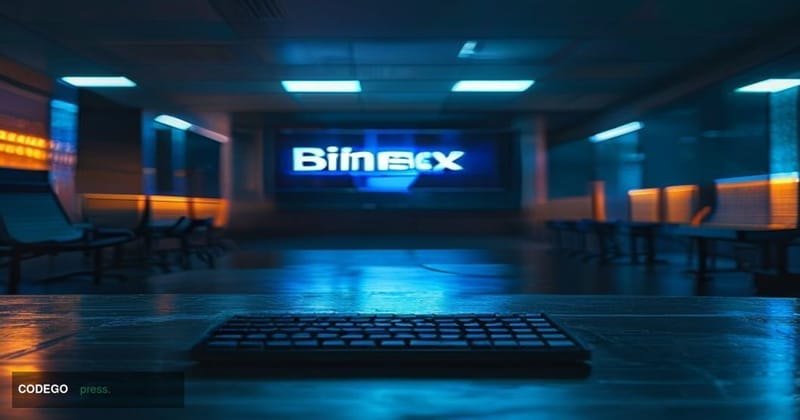 A dramatic cinematic editorial photograph of the BitMEX trading platform logo displayed on a large digital screen inside a di