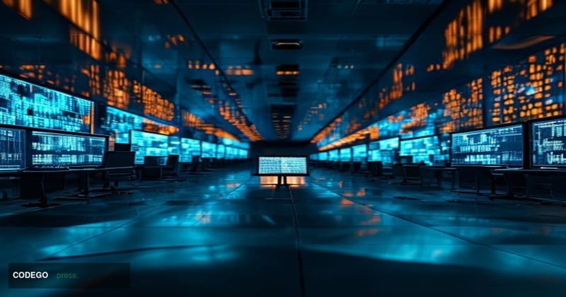 A dramatic wide-angle cinematic editorial photograph of a darkened cryptocurrency trading floor environment with multiple scr