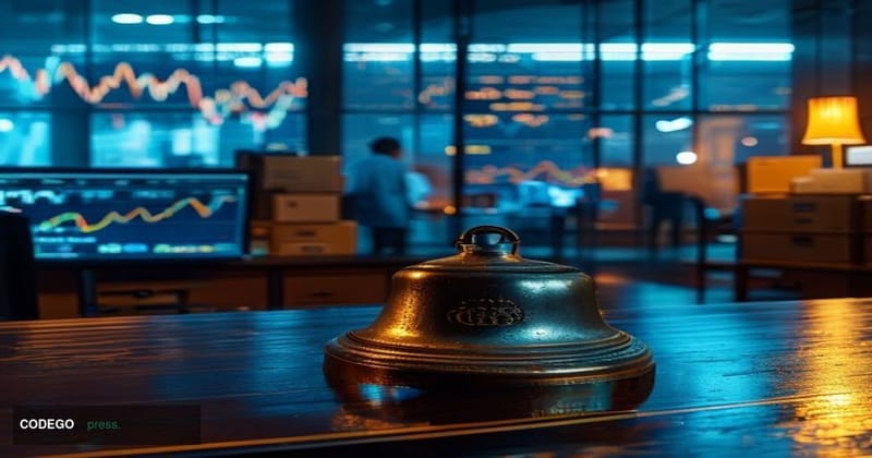 A photorealistic editorial photograph depicting the symbolic closure of a once-dominant financial trading platform. In the fo