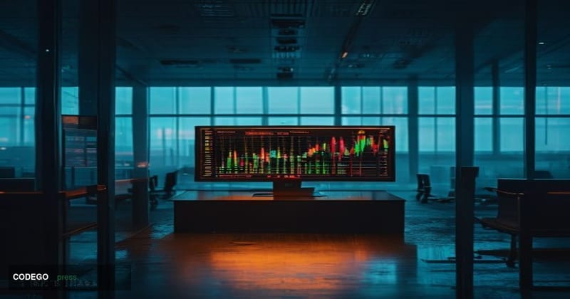 A cinematic editorial photograph of a weathered trading terminal screen displaying a final session countdown, set inside a di
