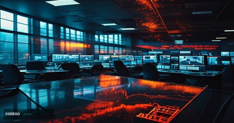 A dramatic cinematic editorial photograph of a once-dominant trading floor environment now going dark — screens powering down