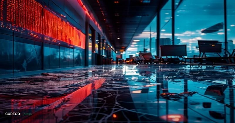 A dramatic cinematic editorial photograph capturing the collapse of a once-dominant cryptocurrency exchange. Foreground: a cr
