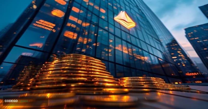 A dramatic cinematic editorial photograph taken at a low angle looking up at a modern glass-and-steel corporate headquarters 
