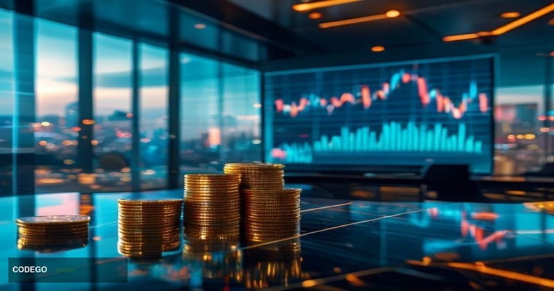 A dramatic cinematic editorial photograph of a sleek, modern financial trading floor bathed in cool blue and warm amber light