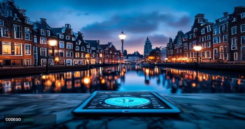 A photorealistic cinematic editorial photograph centered on the Amsterdam financial district canal skyline at dusk, with the 