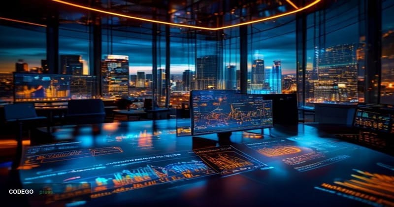 A sleek, modern fintech operations center interior photographed from a low wide-angle perspective, showing multiple curved sc