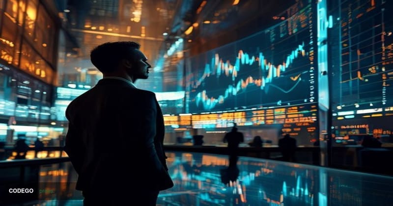 A cinematic editorial photograph set inside a sleek, high-tech financial trading floor with large curved screens displaying B