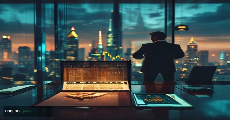 A cinematic editorial photograph set in a sleek, high-altitude financial district office at dusk, with floor-to-ceiling glass