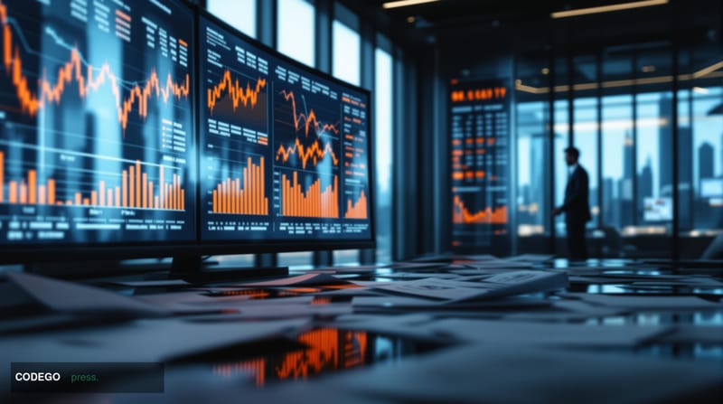 A dramatic cinematic editorial photograph set inside a sleek institutional trading floor environment, with large curved monit