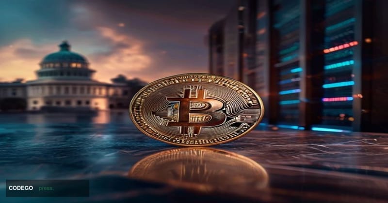 A photorealistic editorial photograph centered on a gleaming physical Bitcoin coin resting on a polished dark marble surface 