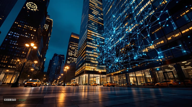 A photorealistic cinematic editorial photograph of BlackRock's iconic Manhattan headquarters at 50 Hudson Yards, shot from a 