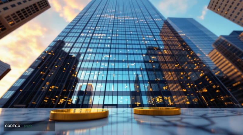 A dramatic cinematic editorial photograph shot from a low angle looking up at the BlackRock headquarters building in Midtown 