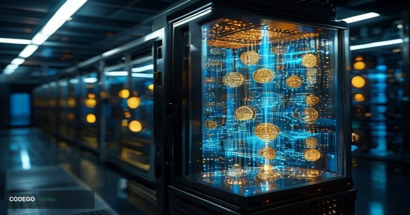 A dramatic cinematic editorial photograph set inside a high-security digital infrastructure facility, where physical gold-ton