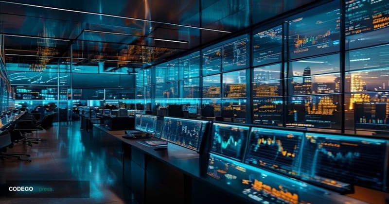 # Image Prompt

A modern glass-walled institutional trading floor bathed in cool blue and amber lighting, showing multiple hi