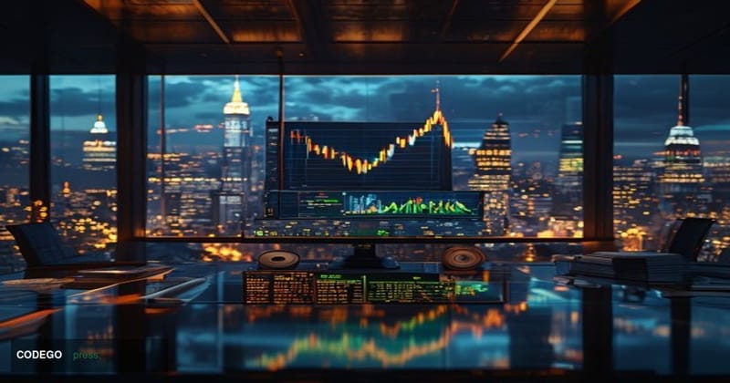 A cinematic editorial photograph set inside a dramatic, marble-floored financial boardroom at night, with floor-to-ceiling gl
