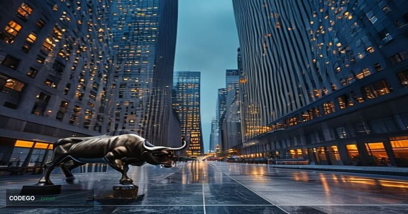 A dramatic wide-angle cinematic photograph taken at the base of a towering Wall Street financial district canyon at dusk, wit