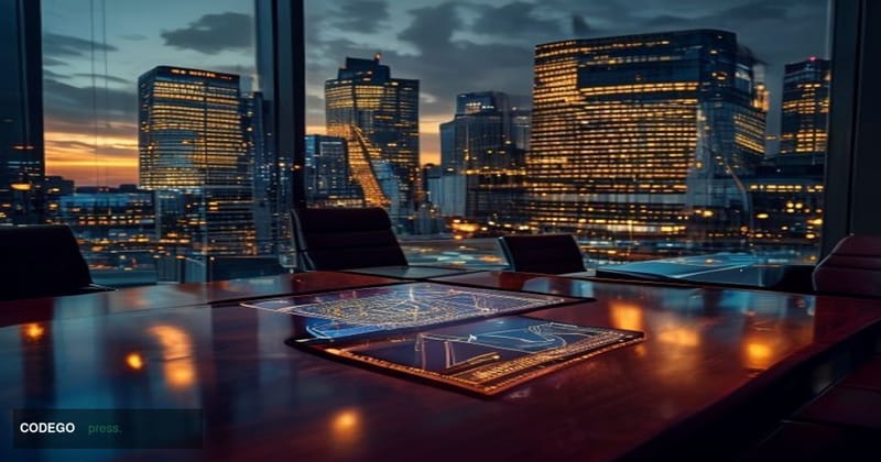 A dramatic editorial photograph set in the City of London financial district at dusk, with the iconic glass facades of Canary
