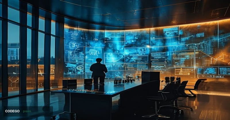A cinematic editorial photograph set inside a modern high-security financial technology operations center, with a large curve