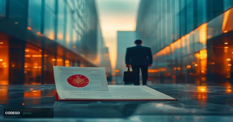 A cinematic editorial photograph set outside a recognizable modern fintech corporate office environment, with the foreground 