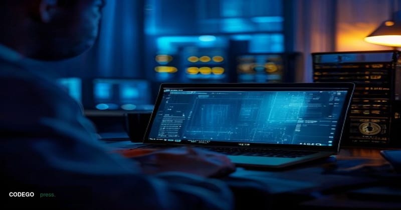 A cinematic editorial photograph depicting a dimly lit professional home office at night, with a laptop screen glowing in the