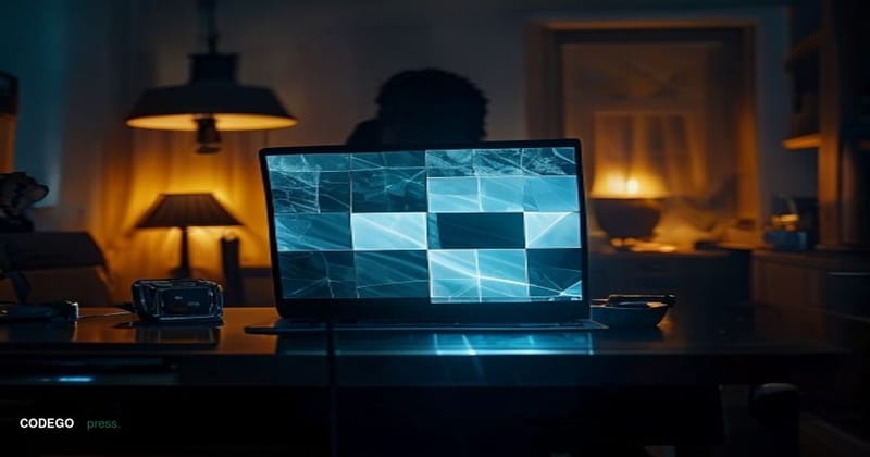 A dramatically lit cinematic editorial photograph set in a darkened home office environment, shot from a low-angle perspectiv