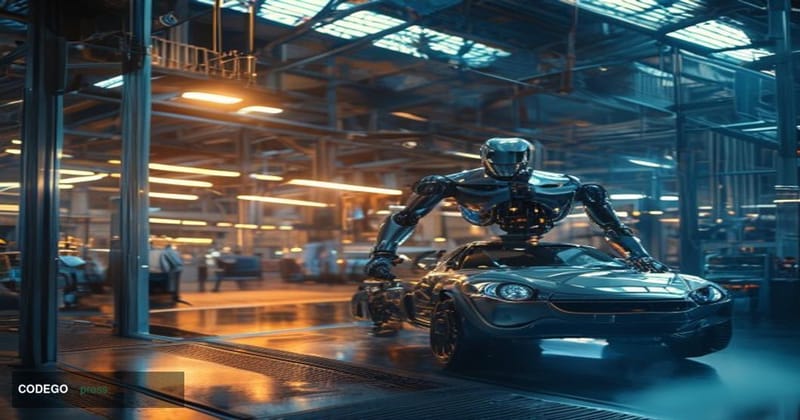 A cinematic editorial photograph taken inside a modern, vast automotive manufacturing plant in Spartanburg, South Carolina, w