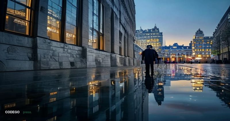 A dramatic editorial photograph of a grand European financial district — think Frankfurt's banking quarter or Amsterdam's his