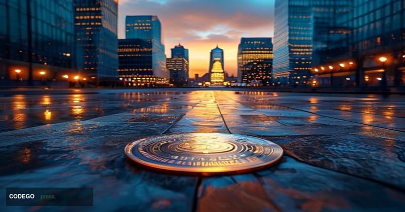 A cinematic editorial photograph set at the Frankfurt financial district at dusk, with the iconic glass towers of the Europea