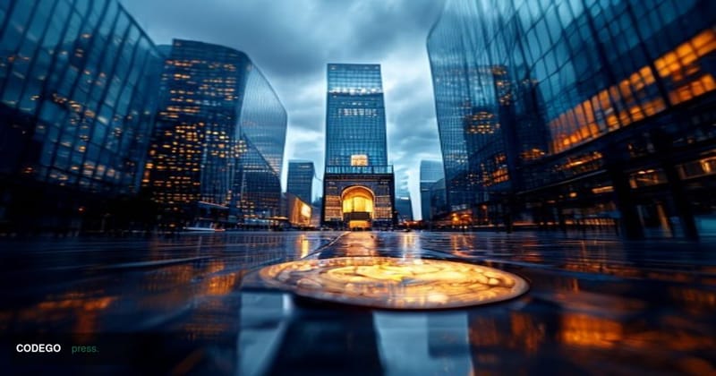 A photorealistic editorial photograph set in the heart of Stuttgart's financial district, with the imposing glass-and-steel f