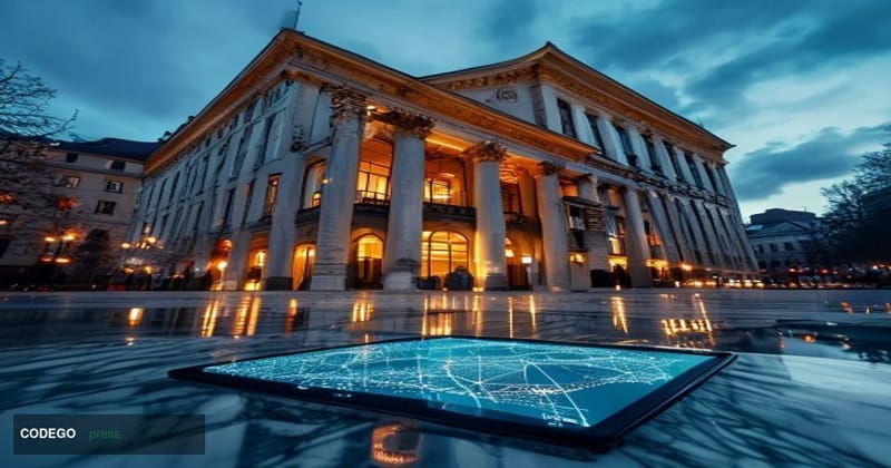 A cinematic editorial photograph of the Boerse Stuttgart stock exchange building in Stuttgart, Germany, at dusk, with warm am
