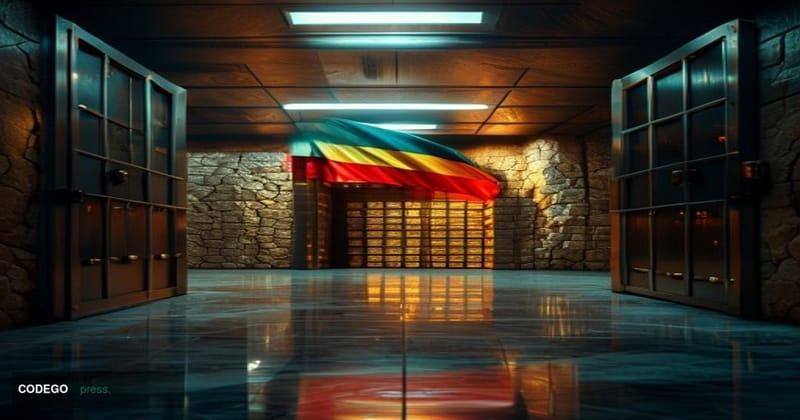 A photorealistic cinematic editorial photograph set inside a grand Latin American central bank vault interior, with heavy ste