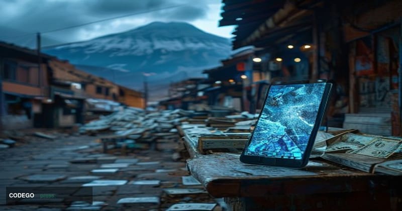 A dramatic cinematic editorial photograph set in La Paz, Bolivia, with the iconic Illimani mountain visible in the background
