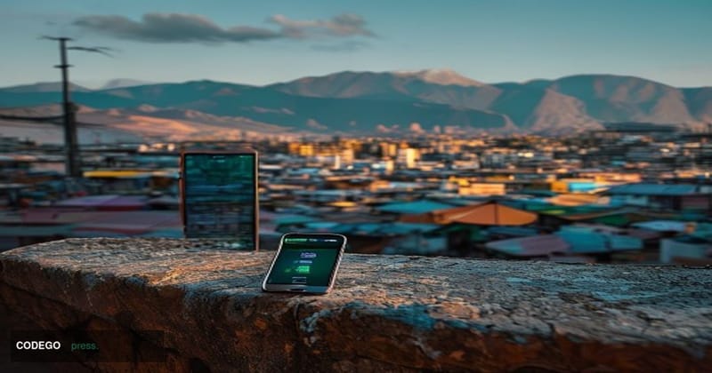 A cinematic editorial photograph set in La Paz, Bolivia, with the dramatic Andes mountain backdrop and the city's densely lay