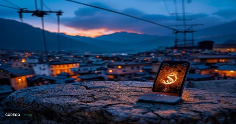 A cinematic editorial photograph set in La Paz, Bolivia, with the dramatic Andean skyline and the iconic cable car network (M