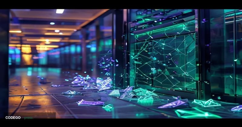 A dramatic photorealistic editorial photograph set in a darkened digital trading environment, with a shattered Solana blockch