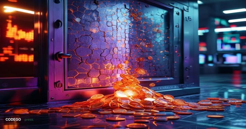 A dramatic cinematic editorial photograph depicting a cracked digital vault door bearing subtle hexagonal blockchain texture 