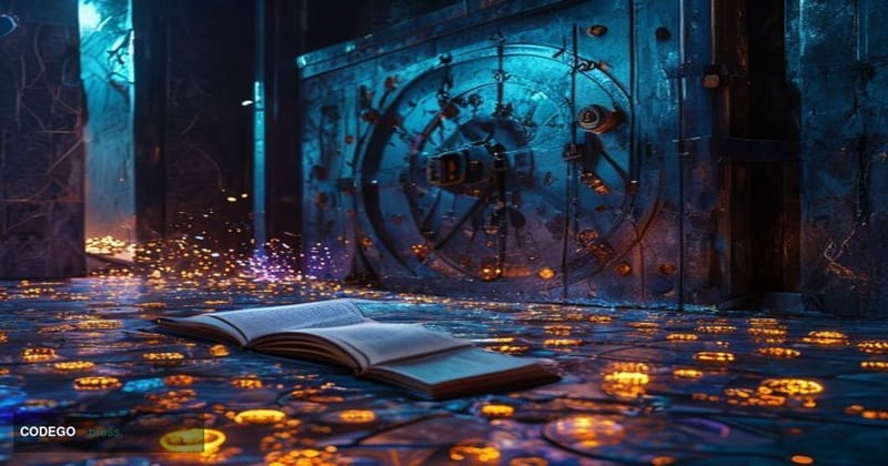 A cinematic editorial photograph depicting a fractured digital vault rendered as a physical structure — a heavy steel treasur