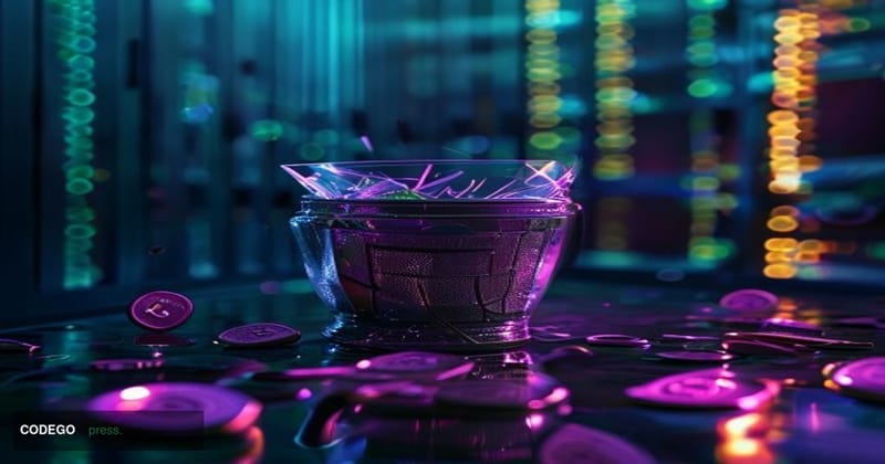 A cinematic editorial photograph of a shattered digital voting urn or transparent ballot box, cracked open and visibly emptie