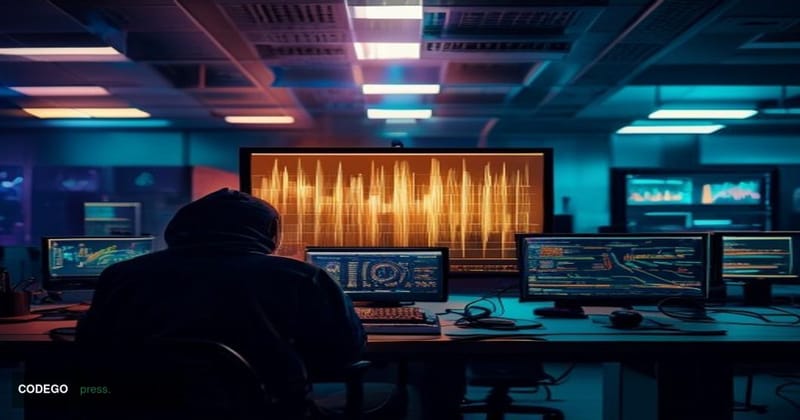 A dramatic cinematic editorial photograph set inside a darkened cryptocurrency trading operations room, bathed in cold blue a
