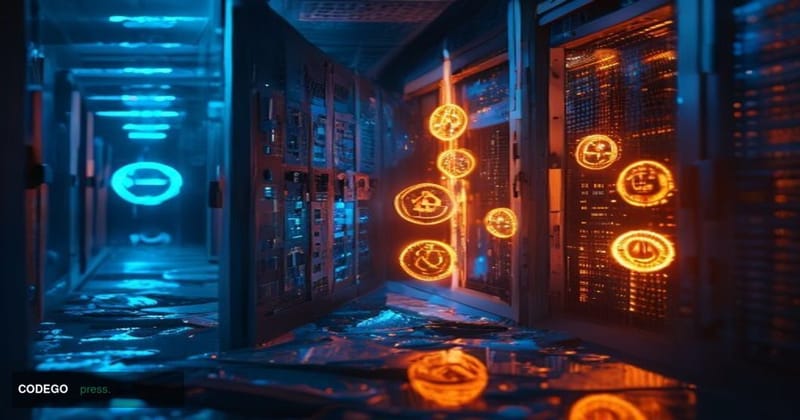 A dramatic cinematic editorial photograph set in a dimly lit server room environment, with a shattered digital vault door ren