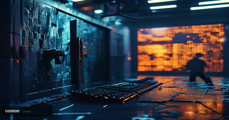 A cinematic editorial photograph capturing the aftermath of a digital treasury heist in the context of a decentralized autono