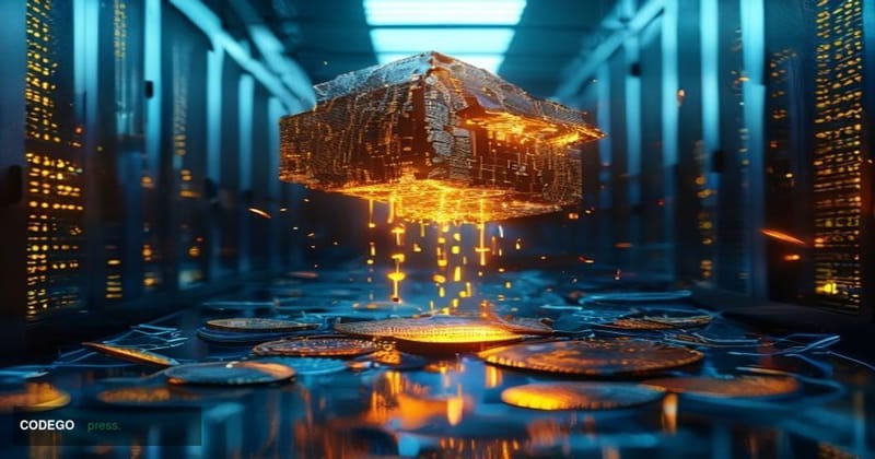 A cinematic editorial photograph depicting a fractured digital vault floating above a stylized representation of the Hedera n