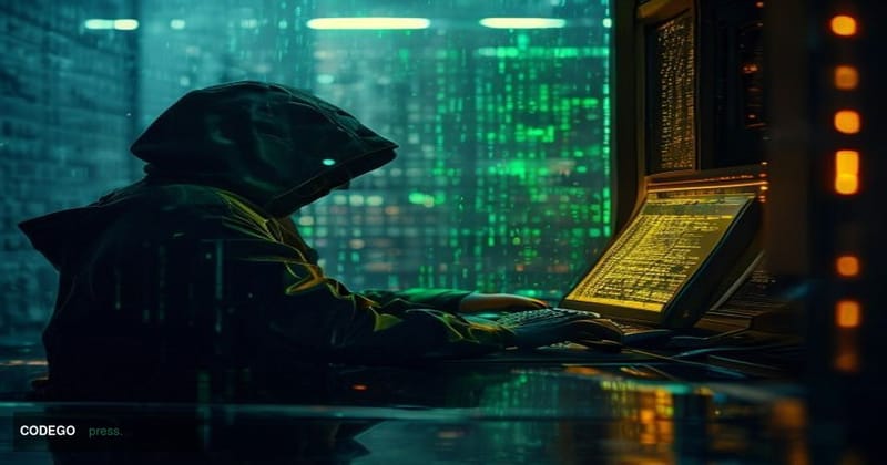 A cinematic editorial photograph set at night, evoking a digital heist in progress. In the foreground, a cracked physical vau