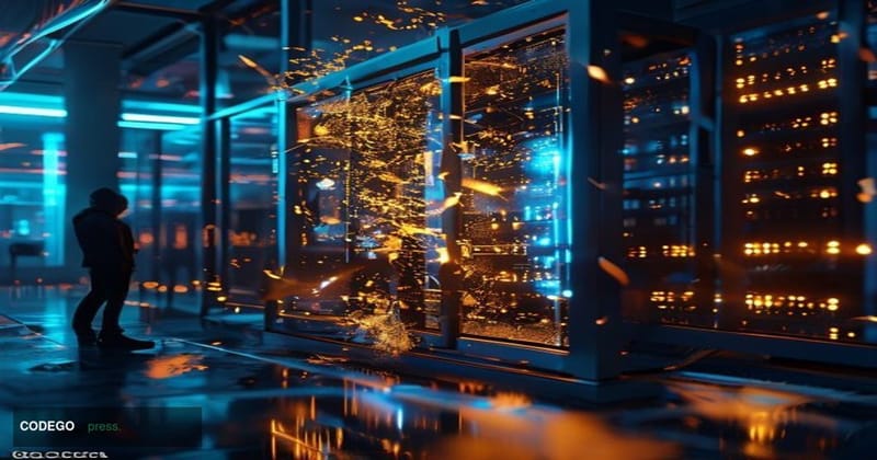 A cinematic editorial photograph depicting a fractured digital vault concept set against the visual language of blockchain in