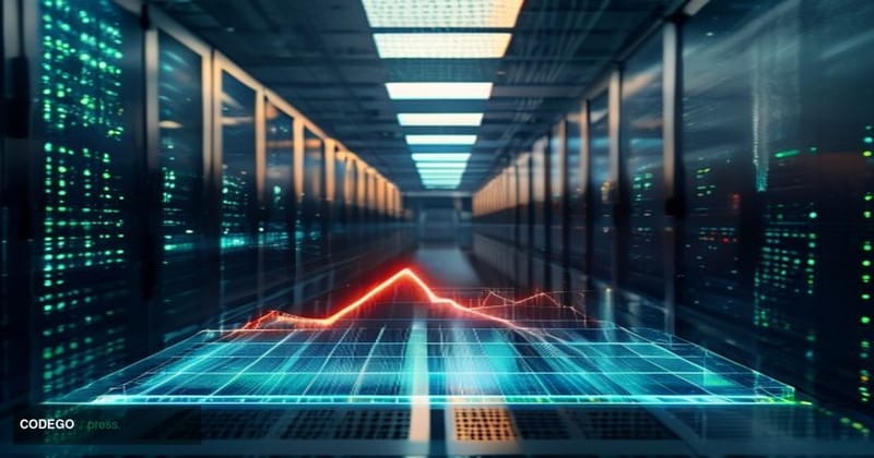 A dramatic cinematic editorial photograph taken from a low-angle perspective inside a hypermodern data center corridor, with 