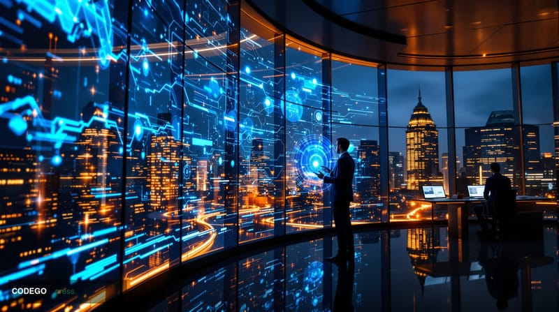 A cinematic editorial photograph set inside a sleek, modern corporate treasury operations center, with large curved monitors 
